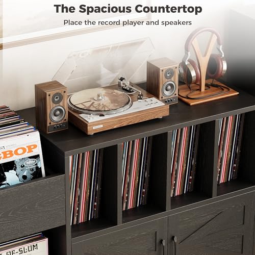 IRONCK Record Player Stand, Vinyl Record Player Table with Storage Cabinet and Drawers, Mid Century Modern Turntable Stand Holds Up to 500+ Albums for Living Room, Music Room, Black IRONCK