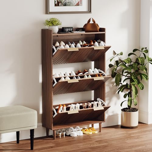 VINGLI Fluted Shoe Storage Cabinet for Entryway with 3 Flip Drawers, Narrow Shoe Organizer with Fluted Panel, Freestanding Wood Hidden Shoe Cabinet for Foyer, Hallway (Dark Walnut, 3 Flip Drawers) VINGLI