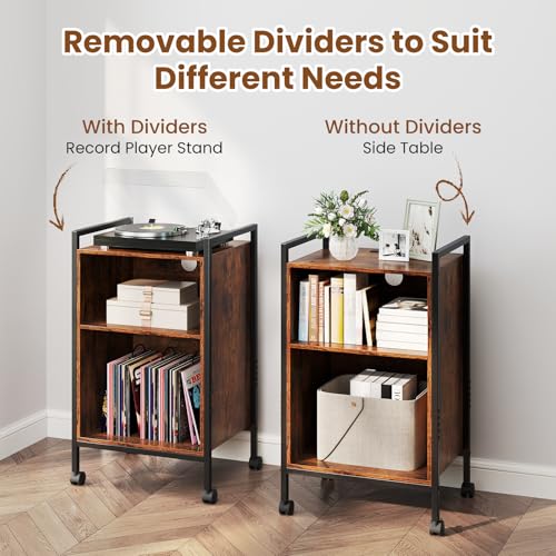 Giantex Record Player Stand with Charging Station, Mobile Turntable Stand with Record Storage & 4 Rolling Wheels, 3-Tier Vinyl Record Storage w/ Open Shelves & Dividers for Living Room, Rustic Brown Giantex