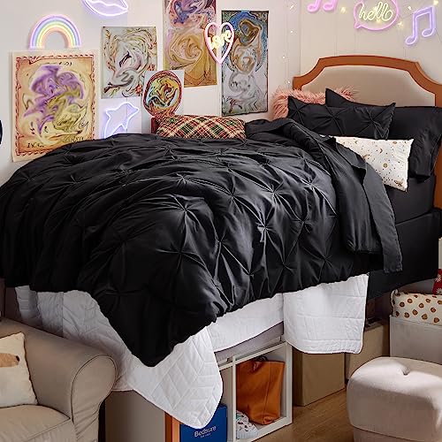 Bedsure Twin Comforter Set Black - Bed in a Bag Twin Size Bedding 5 Pieces, GentleSoft™ Pintuck Bed Set Gift for Family, Pinch Pleat Black Comforter with Sheets, Pillowcase & Sham Bedsure