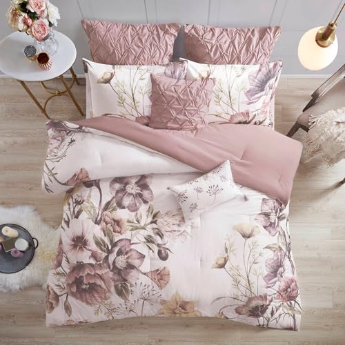 Madison Park Floral King Comforter Set, Cotton Rich Bedding Set Feminine Design Shabby Chic King Size Comforter Sets, All Season Bed Cover with Shams, Bed Skirt, Décor Pillow, Blush 8 Piece Madison Park
