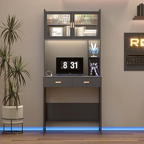 LVSOMT Home Office Desk with Hutch and Drawers, Modern Computer Gaming Desk with LED Lights & Power Outlets, Black Study Table with Storage Shelves, Teen Writing Desk for Bedroom, 31.5'' W LVSOMT