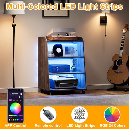 Rresyet 22.1" Record Player Stand with Charging Station & LED Lights,4-Tier Vinyl Record Storage with Wheel & Open Divided Shelves, Record Cabinet for Music Room, Living Room Rresyet