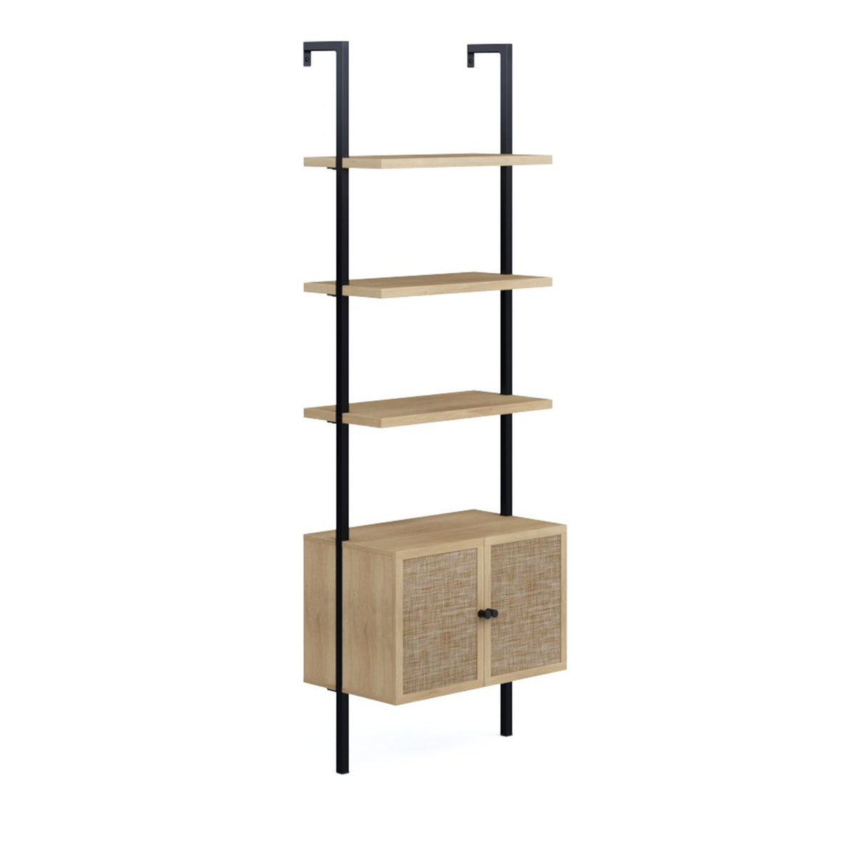 Nathan James Theo Ladder 3 tier Open Bookshelf with Rattan Drawers and Matte Steel Frame, Light Oak/Black Nathan James
