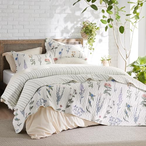 Bedsure Floral Quilt King Size - Reversible White Floral Comforter, Spring Lightweight Bedspread Quilt Bedding, Soft Microfiber Coverlet for All Seasons (106"x96") Bedsure