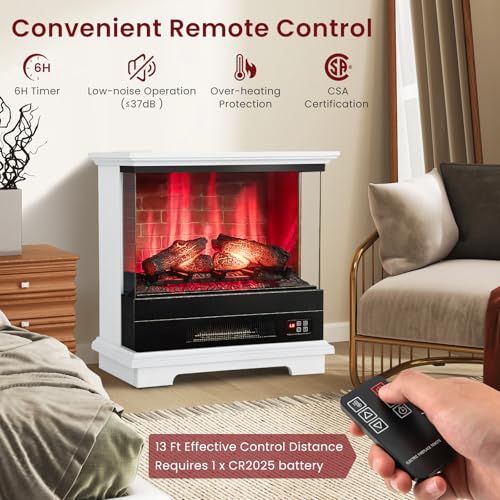 ORALNER 27” Electric Fireplace with Mantel, 3-Sided Glass View, Wooden Surround Firebox, Freestanding Fireplace Heater w/ 7 Flame Colors, Remote & 6H Timer, Overheat Protection, 1400W (White) ORALNER