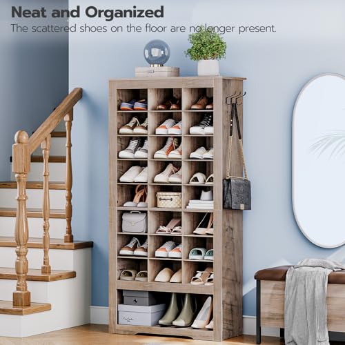 HOOBRO Tall Shoe Cabinet, 9 Tier Shoe Storage Cabinet, Freestanding Wooden Shoe Cabinet Organizer with 24 Cubbies and 3 Hooks, for Entryway, Closet, Living Room, Greige BG24SC01 HOOBRO