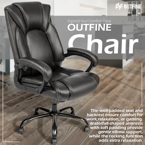OUTFINE Office Chair Executive Office Chair Desk Chair Computer Chair with 5-Year hydrolysis-Resistant Leather Spring Cushion Ergonomic Support Tilting Function Upholstered in Bonded Leather Black OUTFINE