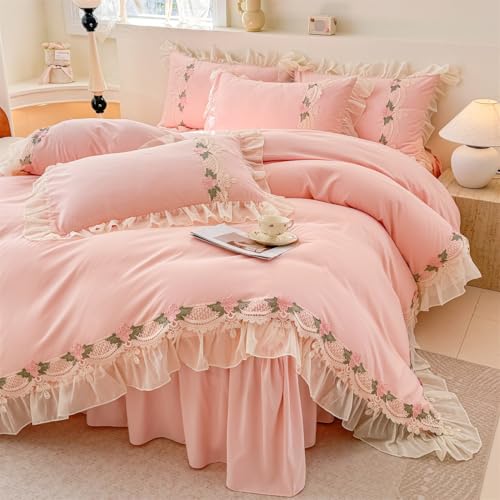 MOOWOO Flower Lace Ruffled Bedding Set- Sweet Girl Chiffon Ruffles Duvet Cover Set- 3PC(1 Full Duvet Cover 80x90 Inch, 2 Pillowcases) Aesthetic Bedding for Romantic French Wedding MOOWOO