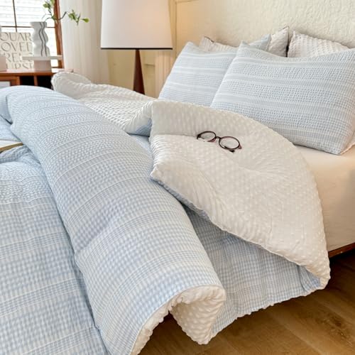 tohrisa Boho Comforter Set King Size - 3 Pieces Lightweight Jacquard Seersucker Bedding Sets (1 Soft Fluffy Grid Comforter & 2 Pillowcases) - All Seasons Cozy Modern Bed Set(104"x90" Sky Blue) tohrisa