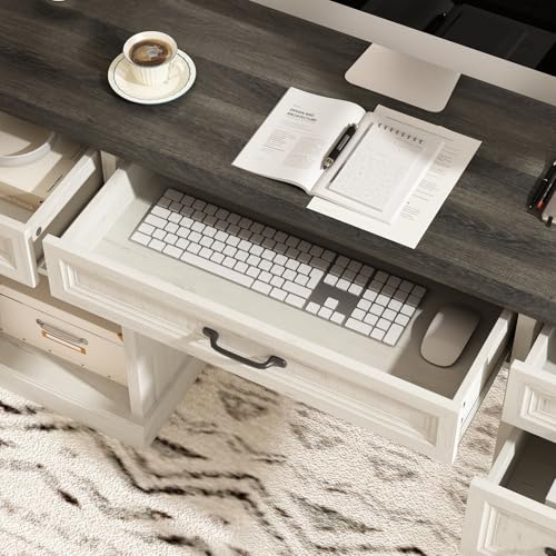 CARPETNAL 58'' Farmhouse Executive Desk with Drawers, Home Office Desk with File Drawer and Storage Cabinet, Rustic Computer Desk for Working, Studying, Writing, White CARPETNAL