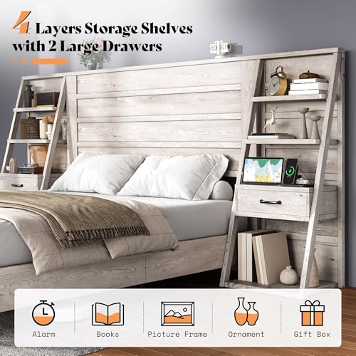 LUXOAK Full Bed Frame with Bookcase Headboard & 4-Tier Bedside Shelf, Farmhouse Platform Bed with Charging Station and 2 Drawers, Noise-Free, No Box Spring Needed, Rustic White LUXOAK