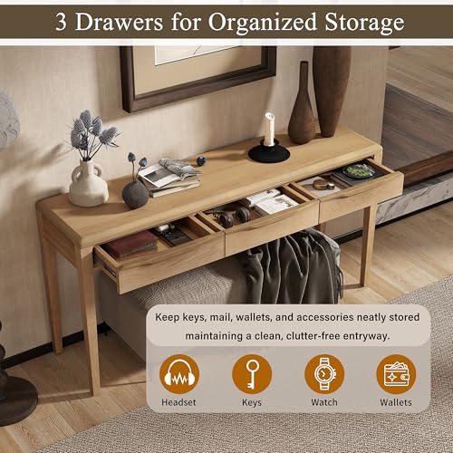 Merax 59.84'' Elegant Console Table with Oak Veneer,Light Luxury Entryway Table with 3 Drawers,Farmhouse Sofa Table with Soft-Corner Design,Suitable for Living Room, Foyer and Hallway, Natural Merax