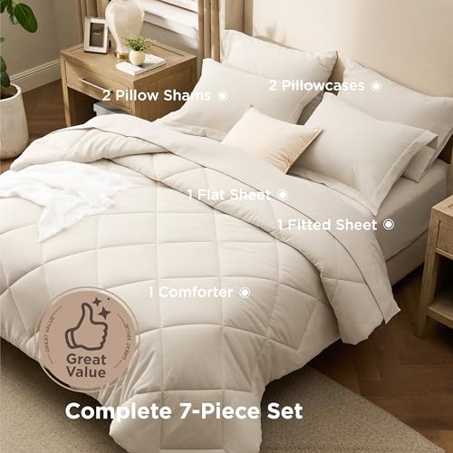 Bedsure 7 Pieces King Comforter Set Premium Series, Hotel Luxury Soft Bed in a Bag, Goose Down Alternative, Safe for Sensitive Skin Bedding Comforter All Season Medium Warmth, Beige King Size Bedsure