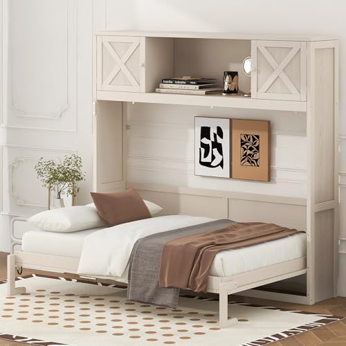 Merax Queen Size Murphy Bed with Storage Cabinets, Rustic Solid Wood Wall Bed with 3 Cabinet Shelves, Space Saving Foldable Bed Frame for Studio Apartment, Guest Room, Home Office, Beige
