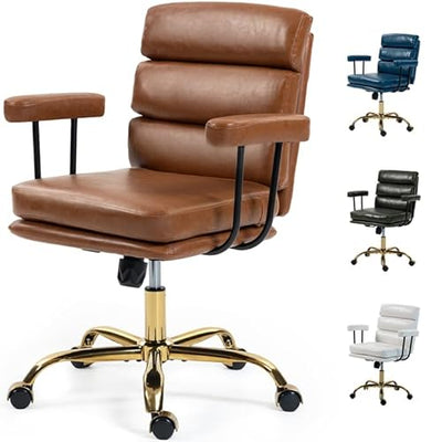 WENTUM Leather Office Chair with Wheels,Ergonomic Swivel Rolling Task Chair,Padded Seat and Armrests,Adjustable Height Home Desk Chair,Executive Computer Chair, Gold Base Makeup Vanity Chair,Brown