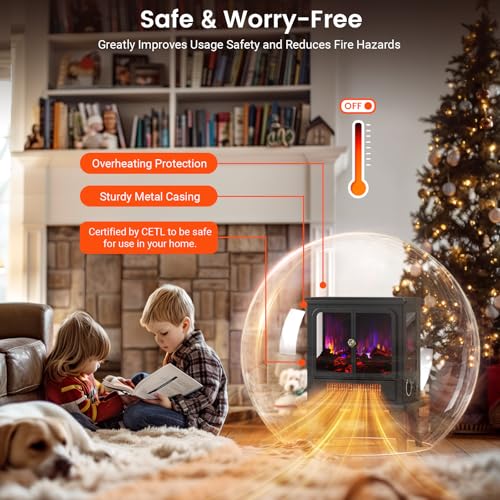 BLITZHOME Electric Fireplace Heater 18'', 3D Realistic Flame, Thermostat Control, 2 Heating Mode 750/1500W, Safety Protection, Freestanding Portable Fire Places Stove for Home Indoor, Small Space BLITZHOME