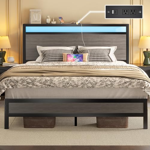 Fluest Queen Bed Frame with Headboard & Footboard, Bed Frame with Built-in Charging Station & LED Light, Storage Shelf, Noise-Free, No Box Spring Needed, Easy Assembly, Rustic Grey Fluest