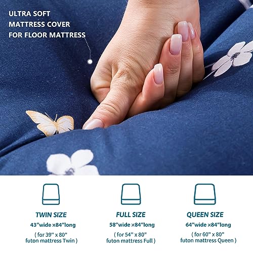MAXYOYO Mattress Cover for Traditional Japanese Futon Mattress, Futon Floor Mats Cover with Zipper, Super Soft and Machine Washable, Navy Floral, Full MAXYOYO