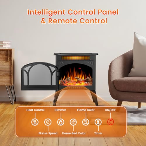 Electric Fireplace Stove, Fast Heating, 1500W X Infrared Fireplace Heater with 8H Timer, Remote Control, Freestanding Stove with Adjustable 3D Flame Overheat Protection, Indoor Fireplace Electactic