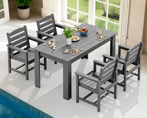 SERWALL Patio Dining Set for 4, Outdoor Dining Sets for 4 Person with 1 Umbrella Hole Cut-Out Rectangular Table and 4 Chairs, HDPE Dining Sets for Garden, Backyard, Poolside, Gray SERWALL