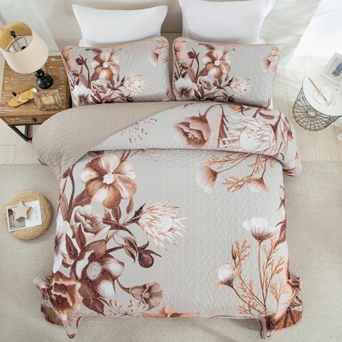 Khaki Quilt Set King Size Bedding Set 3 Pieces Boho Floral Quilt Bedspread Soft Microfiber Lightweight Flower Coverlet Set with 2 Pillow Shams for All Season 90"x104" Drucon