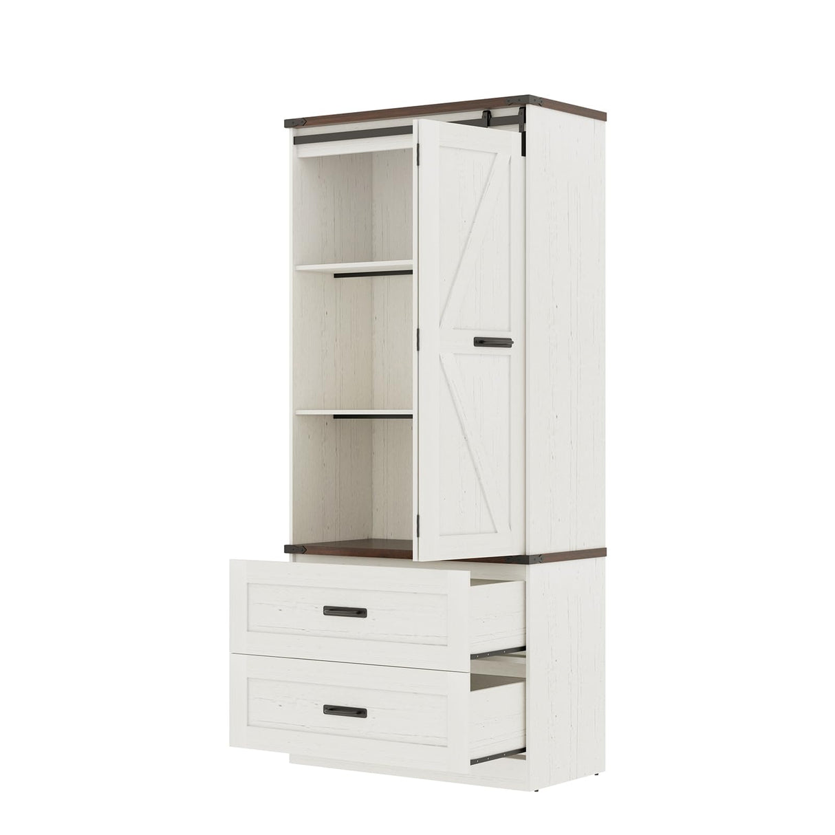 Hlivelood 72" Tall Storage Cabinet with Barn Doors & 2 Drawer, Pantry Cabinet with Adjustable Shelves, Rustic Wood Cupboard for Kitchen, Dining Room, Living Room, White Hlivelood