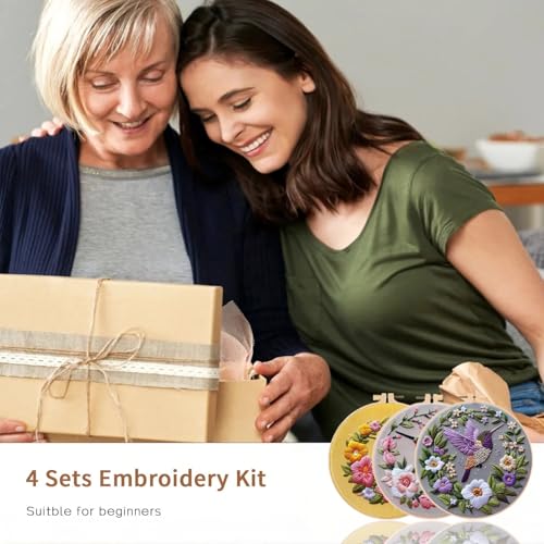 LB 3 Pack Hummingbird Flower Embroidery Kit for Beginners Funny Simple Beginner Embroidery Kit for Adults DIY Starter Kit with Embroidery Hoop Colorful Threads Tools Step by Step Instructions
