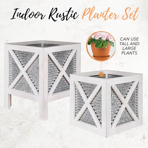 Autumn Alley Farmhouse Front Porch Planters Set of 2 Stand with Galvanized Corrugated Metal Planters for Outdoors/Indoors - Rustic Wood Square Planters Box on Legs – Charming Farmhouse Décor, White Autumn Alley