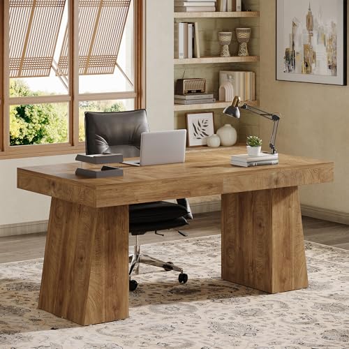 Tribesigns 55" Executive Desk, Wooden Office Desk with Double Pedestal, Modern Simple Computer Writing Table for Home Office, Light Brown Tribesigns