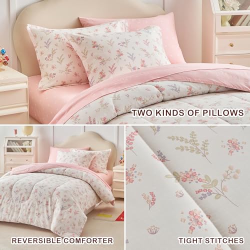 Joyreap 6pcs Cotton Comforter Sheet Set for Girls, Twin Size Bed in a Bag, Pink Floral Design, Soft n Cozy Kids Bedding Comforter Set for All Season- 68x88 inches Joyreap