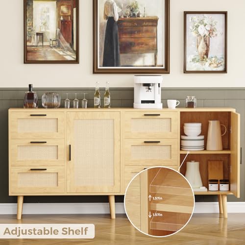 KFO Storage Cabinet, Rattan Sideboard Cabinet with 3 Drawers & Door, Wooden Buffet Cabinet for Living Room, Dining Room, Hallway, Kitchen, Entryway… KFO