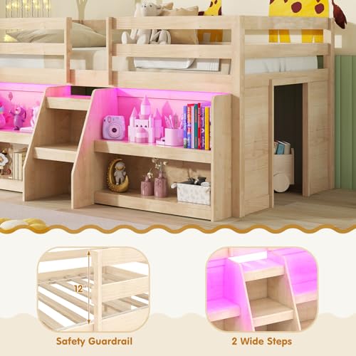 Giantex Low Loft Bed with LED Lights, Wooden Twin Loft Bed with Stairs & Safety Guardrail, Loft Bed Twin Size with Storage Bookcase and Under-Bed Play Space, Loft Bed for Kids (Natural) Giantex