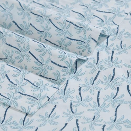 Tommy Bahama - Queen Sheet Set, Super Soft Cotton Percale Bedding with Matching Shams, Tropical Bedding Set, Oeko-Tex Certified (Palmtastic Blue, Queen) Tommy Bahama