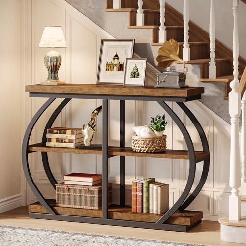 Tribesigns 41.3" Console Table, Industrial 3-Tier Entryway Table with Arched Metal Frame and Storage Shelves for Living Room, Hallway, Rustic Brown Tribesigns