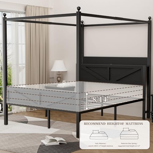 Tsovihe Queen Size Canopy Bed Frame with Barn Door Storage Headboard, Metal Slats Support LED Light & Charging Station/No Box Spring Needed/Easy Assembly/Curtain Not Included/Black