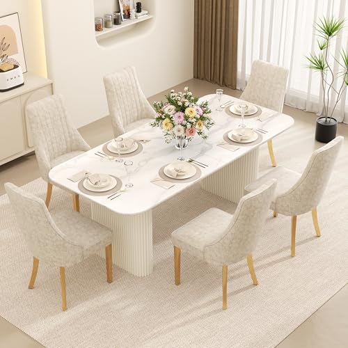 RGZ Modern Oval Dining Table Set for 6, 71" White Faux Marble Kitchen Table with Ripple Legs & 6 Beige Gold Comfy Upholstered Chenille Chairs, Dinner Table Set for Office, Home, Dining Room RGZ