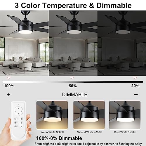 POCHFAN 52 inch Black Ceiling Fans with Lights and Remote Control, Dimmable 3-Color Temperatures LED Ceiling Fan, Wooden Quiet Reversible Modern Ceiling Fan for Bedroom, Living Room, Dining Room POCHFAN