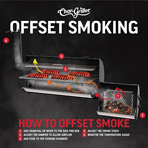 Char-Griller® Grand Champ Charcoal Offset Grill and Smoker, Premium Heavy Duty Steel, Folding Front Shelf, Barrel Grill with Side Firebox, Black, Model 8250 Char-Griller