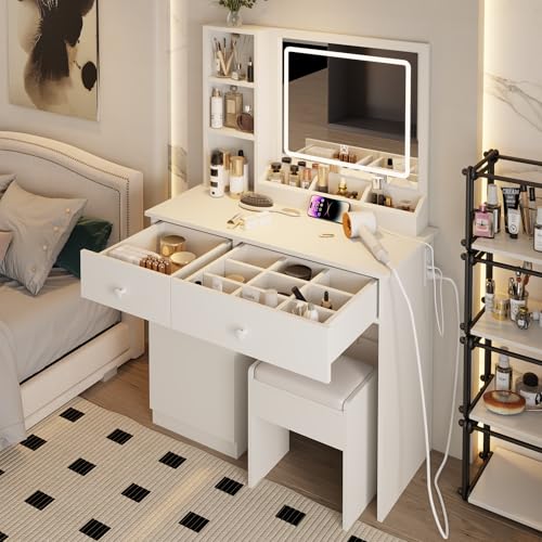 Vanity Set with Mirror and Stool and Lights, with Power Outlet,Dressing Table with Vanity Benches,for Girls Women with Storage Stool,for Bedroom with Chair (White) Wohh