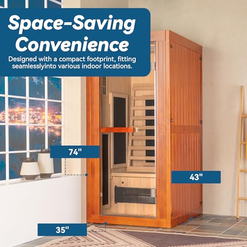 Woodbridge Infrared Home Sauna Room 1 Person Japanese Cedar Indoor Sauna with 7 Carbon Heaters, Red Light Therapy, Bluetooth Speaker, Intelligent Control Panel, Tempered Glass & Top Vent WOODBRIDGE