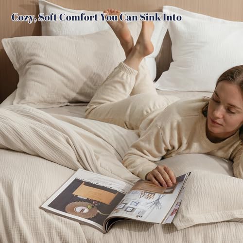 PHF Cotton Muslin Comforter Set Queen – 100% Cotton Cover, Ultra Soft & Breathable, 3PCS Lightweight All-Season Bedding with Polyester Fill, 1 Comforter 90"x90" & 2 Pillow Shams 20"x26", Natural PHF