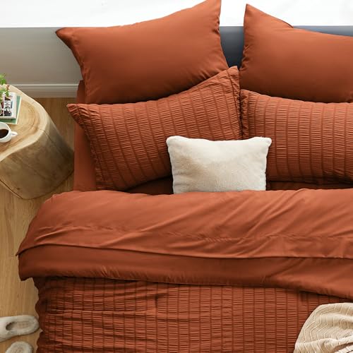 Love's cabin Seersucker Terracotta Twin Comforter Set, 5-Piece All Season Lightweight Bed in a Bag Bedding Set with Comforter, Flat Sheet, Fitted Sheet, Pillowcase and Sham Love's cabin