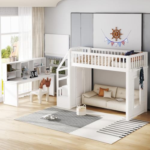 Bellemave Twin Size Low Loft Bed with Movable Desk & Storage Shelves, Kids Twin Loft Bed Frame with Storage Stairs & Hanger, White Bellemave