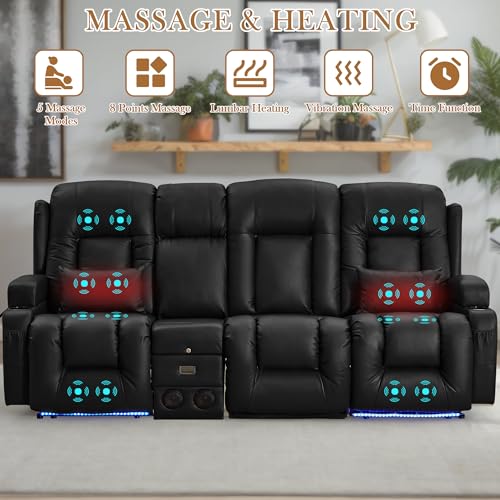 TUNYI Power Loveseat Recliner Sofa with Massage & Heat Home Theater Seating with Console RV Recliner Loveseat Sofa with USB/Storage/Side Pocket/LED Light/Speaker (Black, 3 Seat with Console)