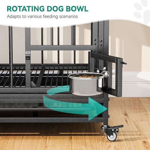 YITAHOME 37.5'' Heavy Duty Dog Crate with Removable Divider, Double Doors & Locks Design, Furniture Style Large Dog Crate with 360° Rotatable Dog Bowls & 360° Wheels & 2 Trays for Small/Medium Dog YITAHOME