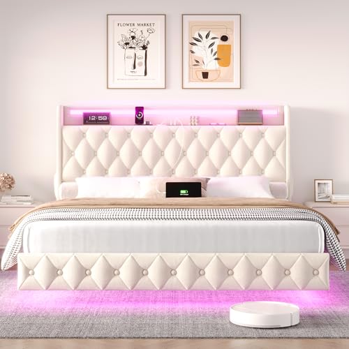 Keyluv Queen Floating Bed Frame with LED Lights & Charging Station, Upholstered Velvet Platform Bed with Button Tufted Storage Headboard, No Box Spring Needed, Noise-Free, Easy Assembly, Beige Keyluv
