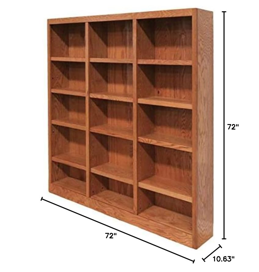 BOWERY HILL 72" Classic Triple Wide Wood Bookcase with 12 Adjustable and 3 Fixed Shelves in Dry Oak Finish BOWERY HILL