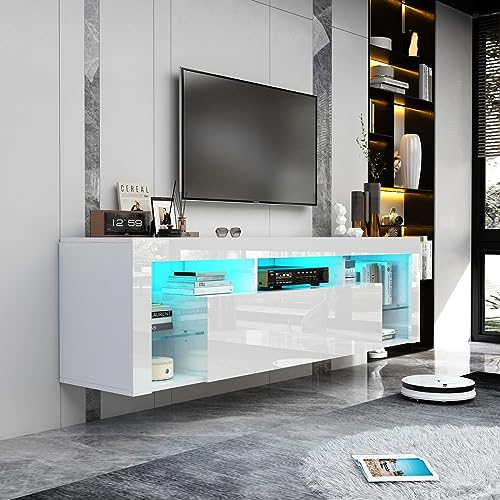Floating TV Stand Wall Mounted - High Gloss Led Entertainment Center with Storage and Shelf, TV Stand for 65 Inch TV, Gaming Entertainment Center Console Table with Lights, White Gitua