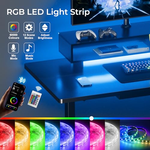 GTPLAYER Electric Standing Desk with Drawers, 48 x 24 Inch Height Adjustable Gaming Desk with Monitor Stand, Power Outlets & LED Lights, Home Office Sit Stand Up Desk with Memory Preset (Black) GTPLAYER